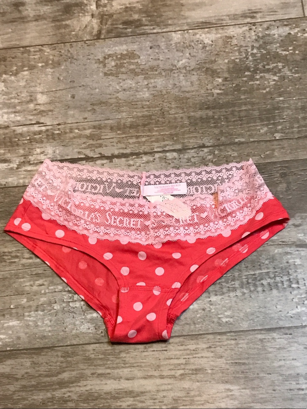 Victoria's Secret Pink Lace-Trim Coral Polka Dot low rise Hipster Panty size xs